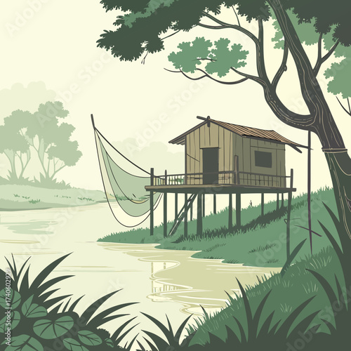 A serene stilt house with fishing net by a calm river surrounded by lush green foliage and trees under a hazy sky