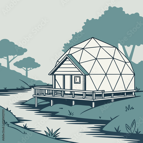 A unique geodesic dome cabin sits elevated on stilts beside a winding river surrounded by lush trees and rolling hills