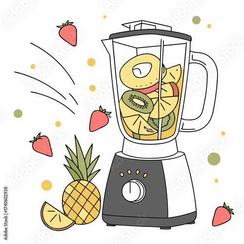 A whimsical illustration of a blender filled with colorful fruits like pineapple kiwi and strawberries creating a delicious healthy smoothie