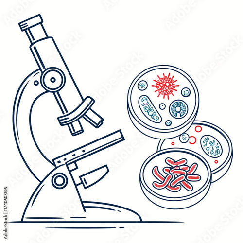Scientific illustration of a microscope and petri dishes containing various microorganisms and cells for biological research and laboratory analysis