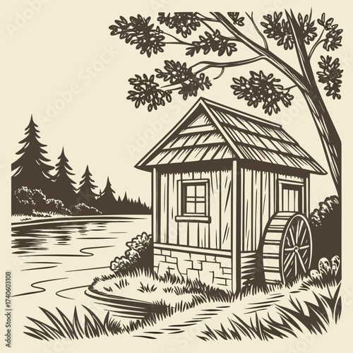 Rustic wooden water mill building with a large wheel situated beside a calm river and surrounded by trees and foliage in a vintage illustration style