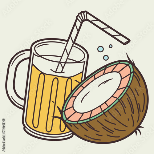 Refreshing tropical coconut drink in a glass with a straw next to a halved coconut on a light background