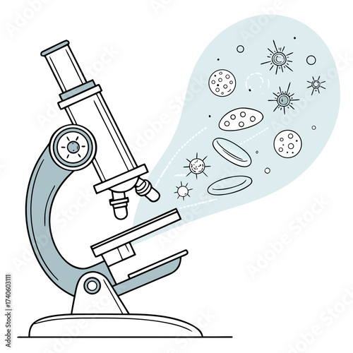 Scientific illustration of a microscope revealing various microorganisms and blood cells in a light blue research bubble