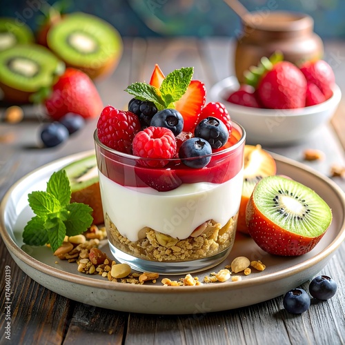 A layered parfait with fruit and granola on a plate