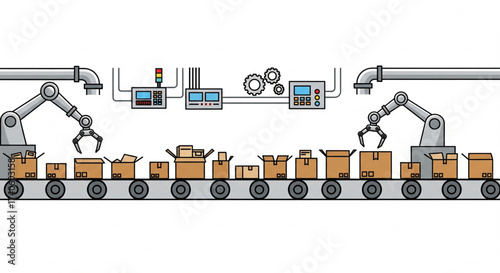 Automated assembly line with robotic arms packaging cardboard boxes on a conveyor belt.