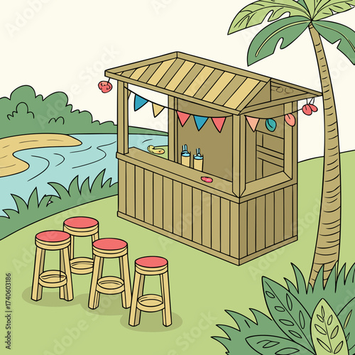 Tropical beachside kiosk with bar stools and palm tree by a river on a sunny day