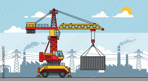 A construction crane lifts a shipping container against an industrial backdrop under a sunny sky.