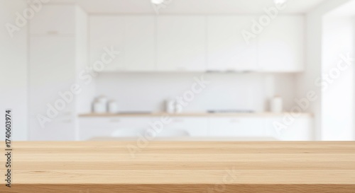 Wooden table with blurred kitchen background for product display.