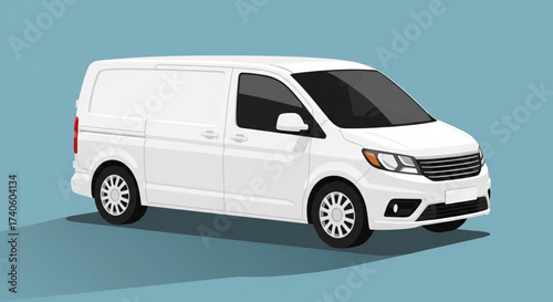 A white delivery van is isolated against a solid blue background.