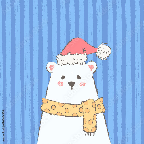 Christmas polar bear portrait. Cute winter character with textured background.