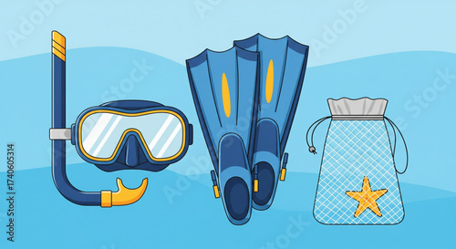 Illustration of snorkeling equipment including mask, fins, and drawstring bag, ready for diving.