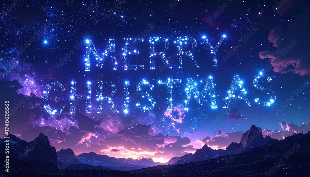 Fototapeta premium Merry Christmas glowing constellation text in starry night sky over mountains