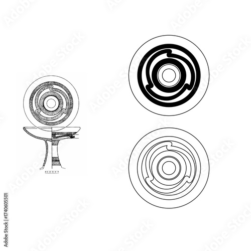 Ancient Artifact Diagram with Concentric Spiral Design