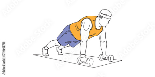 Minimal line art Illustration of a man exercising with dumbbells in plank row position, representing fitness training, workout, strength, endurance, health, and active lifestyle concept.