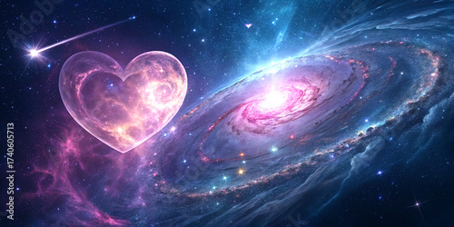 Cosmic glowing heart with ethereal light and swirling galaxy like celestial energy