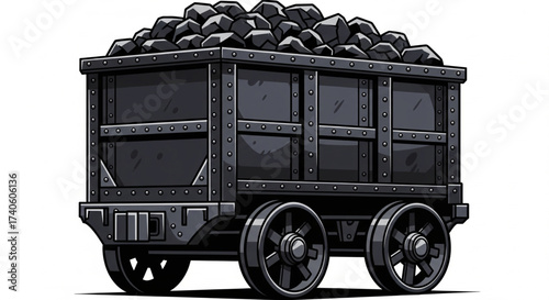 A detailed illustration of a coal cart, fully loaded with black rocks, ready for transport.