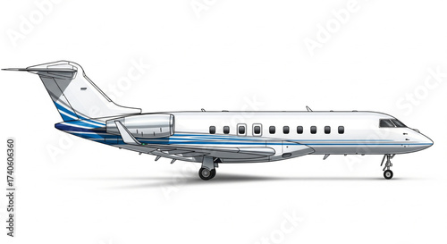 Illustration of a private jet airplane, white with blue accents, in a side view against a white background.