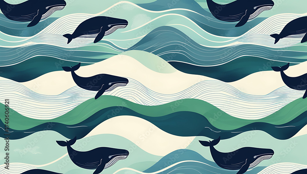 Abstract geometric seamless pattern of stylized whale silhouettes with clean linear outlines forming decorative ocean-inspired vector background featuring undulating waves and subtle textures in shade