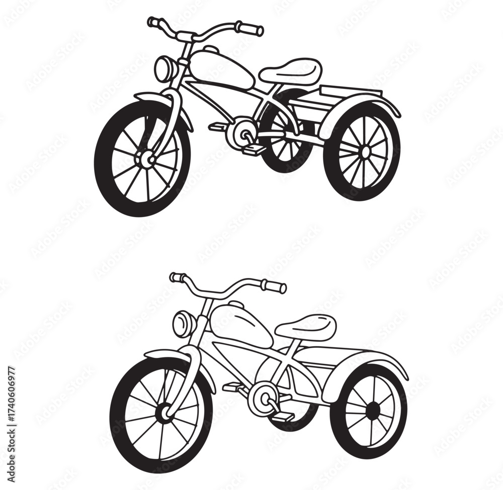 Fototapeta premium Black and white outlined vector illustration of classic motorcycle with sidecar design