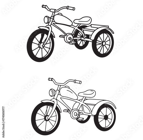 Black and white outlined vector illustration of classic motorcycle with sidecar design