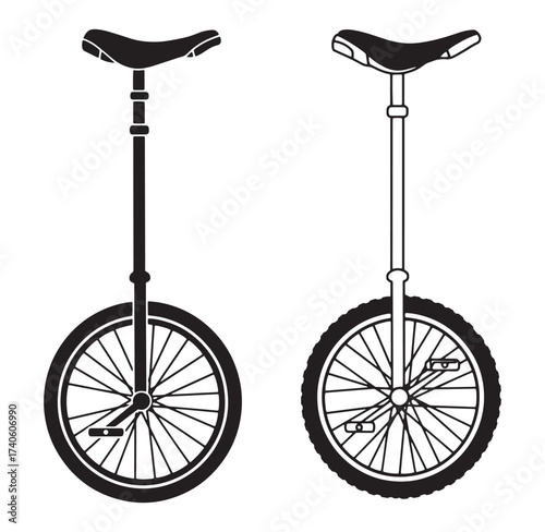 Black and white silhouettes of two unicycles representing fun recreation and transportation