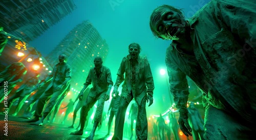 Halloween concept Zombie Apocalypse Scene Zombies lurch toward camera through city streets lit by eerie green glow sticks