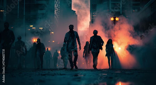 Halloween concept Zombie Apocalypse Scene Zombies people lurch toward camera through city streets lit by eerie green glow sticks