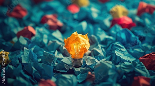 A crumpled yellow light bulb on a bed of crumpled blue and red paper.
