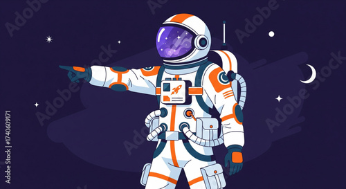 An astronaut in a spacesuit points towards the starry expanse of outer space, exploring.
