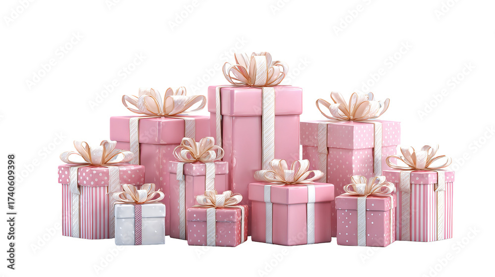 Obraz premium Pink gift boxes with satin bows on blue background minimalist festive present arrangement for holiday gifting celebrations product mockups greeting cards web banners and social media visuals 