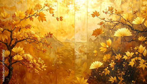 金箔の背景,金箔を使った絵画,金箔の壁面,Generative AI,AI画像