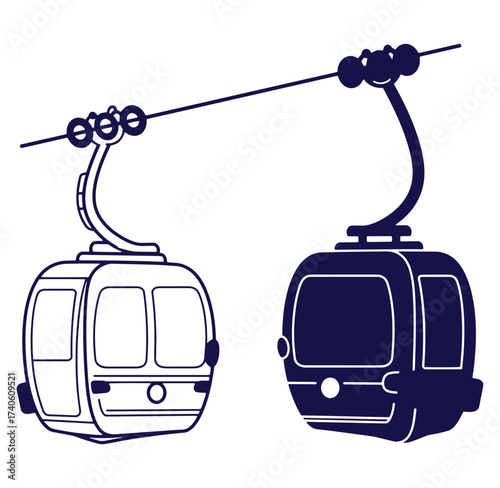 Two stylized gondola cable cars in contrasting colors on a white background for travel designs