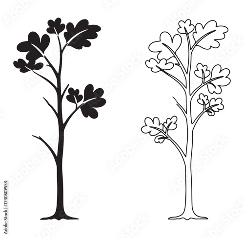 Two stylized minimalist trees in black and white showcasing growth and nature concepts.