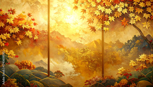 金箔の背景,金箔を使った絵画,金箔の壁面,Generative AI,AI画像