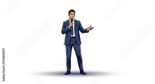 Man in a suit giving a presentation, holding a microphone and gesturing with his hand.