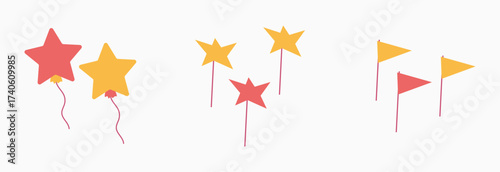A bunch of stars and flags are shown in a cartoonish style. The stars are yellow and red, and the flags are orange and red. The scene is playful and whimsical, with the stars. Vector Illustration