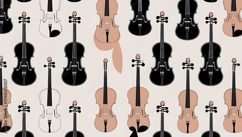 Abstract minimalist seamless pattern of stylized violin outlines in various sizes and orientations, intricate musical instrument silhouettes repeated in a geometric vector design