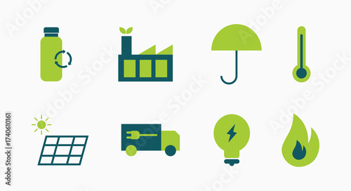A collection of icons for various environmental issues, including a solar panel, a truck, a fork, a building, an umbrella, a light bulb, and a fire. Vector Illustration
