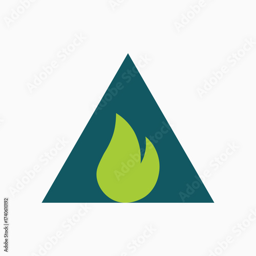 A triangle with a green flame on it. The flame is yellow. Vector Illustration