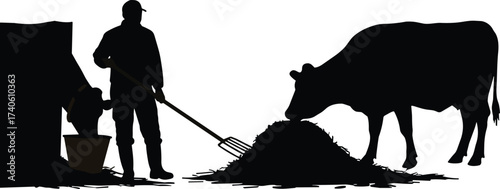Farmer feeding cow with pitchfork, livestock silhouette, rural agriculture scene, farm animal care, black vector illustration, village farming, hay feeding concept