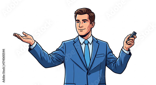 Businessman in a blue suit gesturing with one hand and holding a remote in the other, isolated on white.