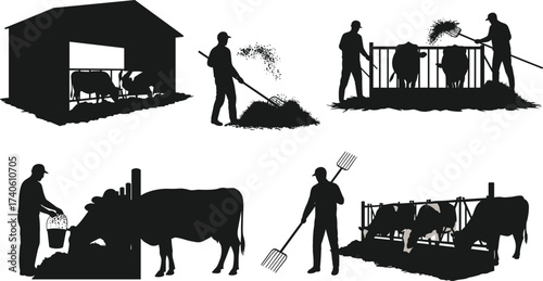 Farmer feeding cows with hay, livestock silhouettes, rural agriculture scene, farm animal care, black vector illustration, village farming, barn work concept