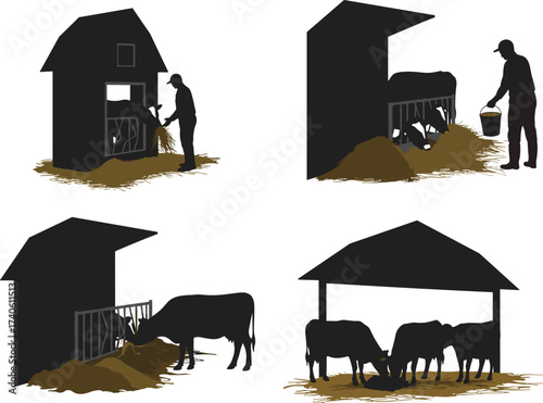 Farmer feeding cows with hay, livestock silhouettes, rural agriculture scene, farm animal care, black vector illustration, village farming, cattle feeding concept