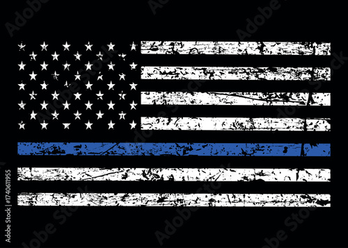Thin Blue Line Flag. Distressed flag Thin Blue Line American Flag Vector. Police Support Symbol Flag.