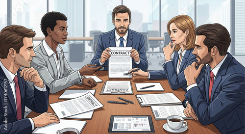 Business team in a meeting reviewing a contract at a conference table in a modern office setting.