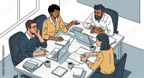 Diverse team members collaborating around a table, discussing ideas and reviewing documents.
