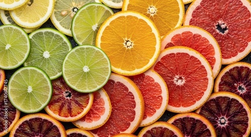 Top-down macro of citrus fruit slices arranged in gradient