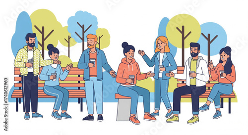 Group of people socializing and drinking coffee in a park setting, enjoying each other's company.
