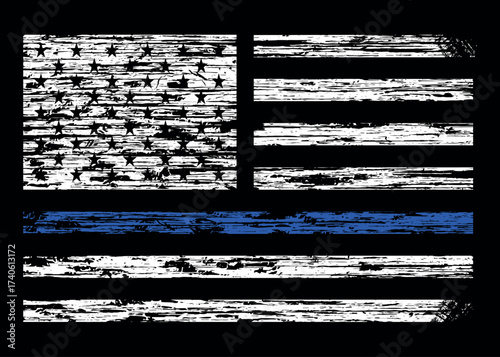 Thin Blue Line Flag. Distressed flag Thin Blue Line American Flag Vector. Police Support Symbol Flag.
