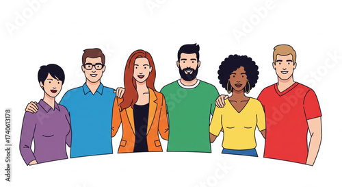 A diverse group of six people standing together, arms around each other, smiling.